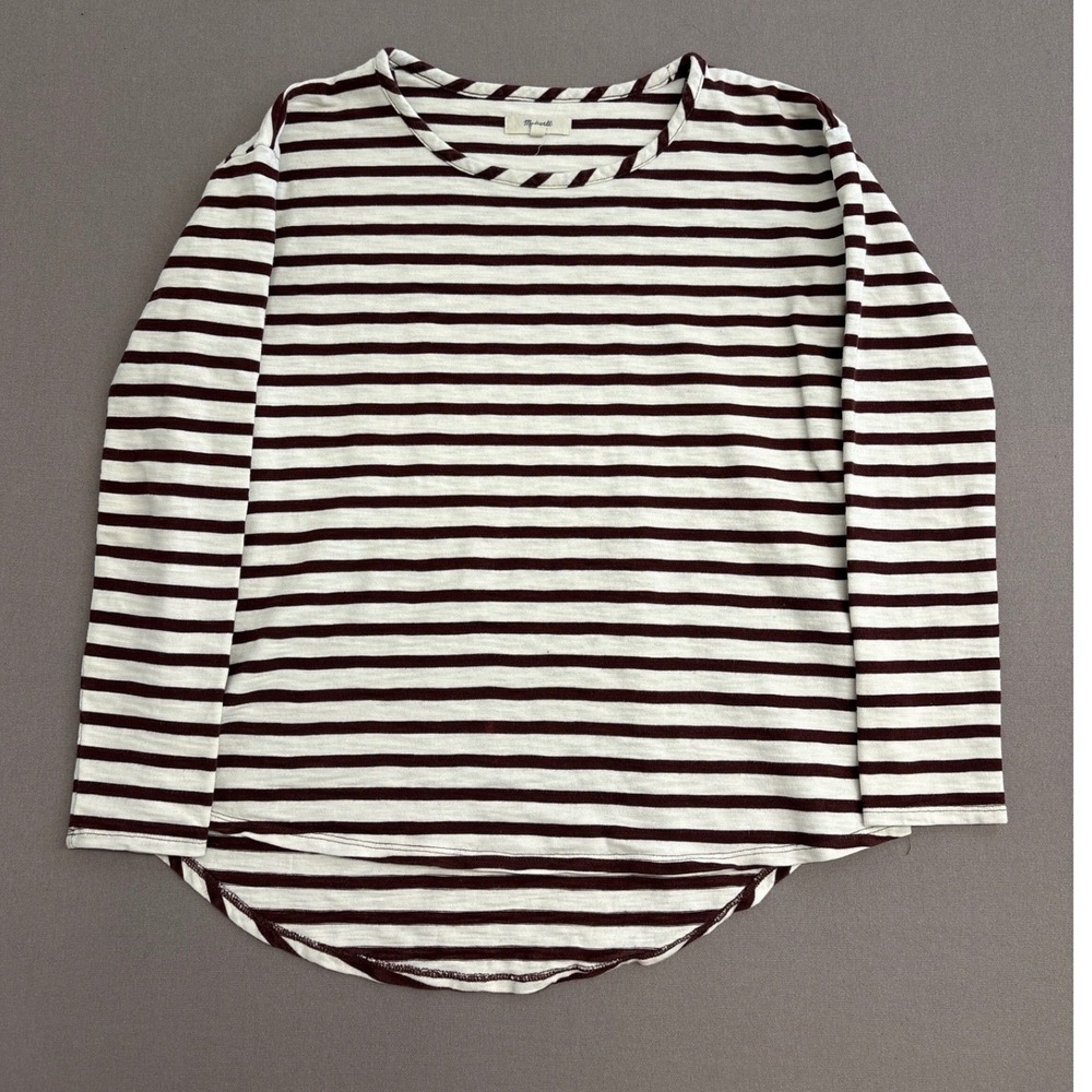 Madewell Womens XS Striped Slub Knit Long Sleeve Tee Burgundy Ivory High Low Hem